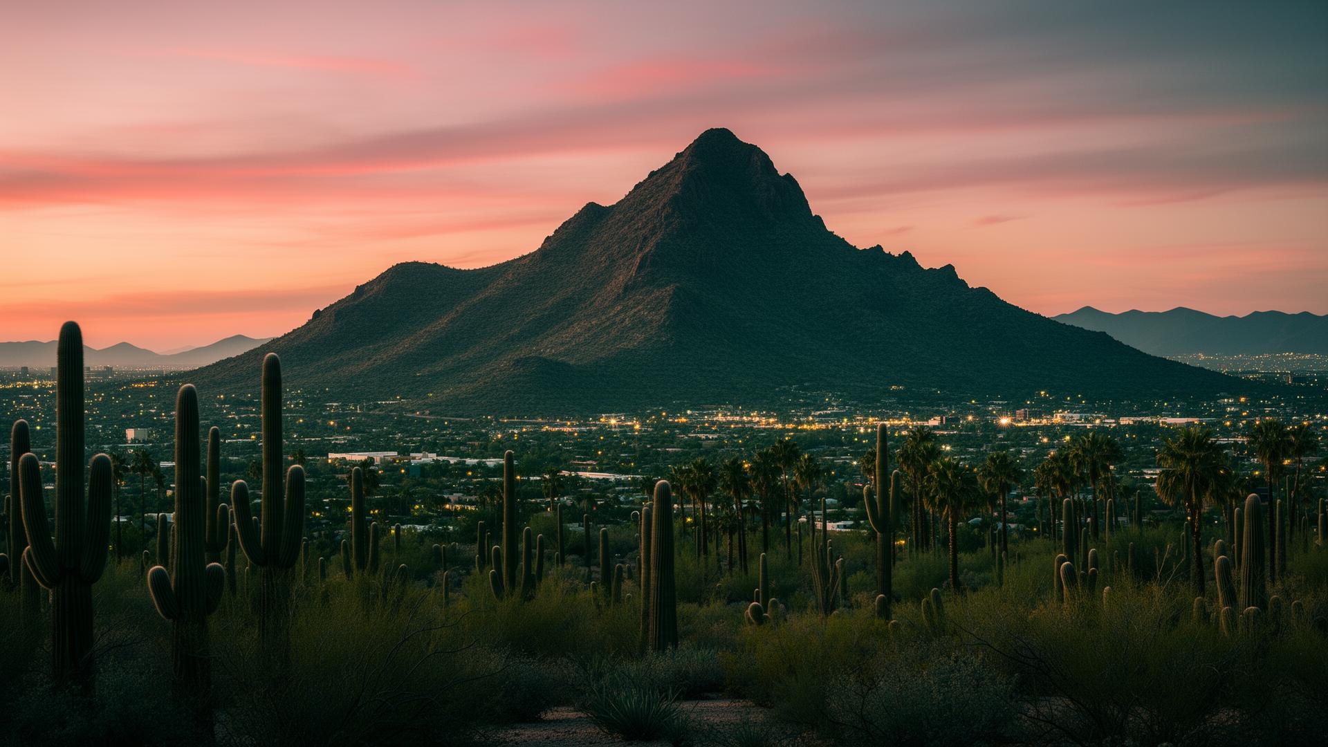 Camelback Mountain at dusk overlooking the Phoenix valley